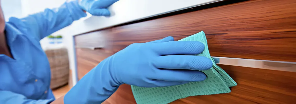 Cleaner wearing blue gloves wiping a wooden cabinet drawer with a microfiber cloth for dust and grime removal, Dover, DE.